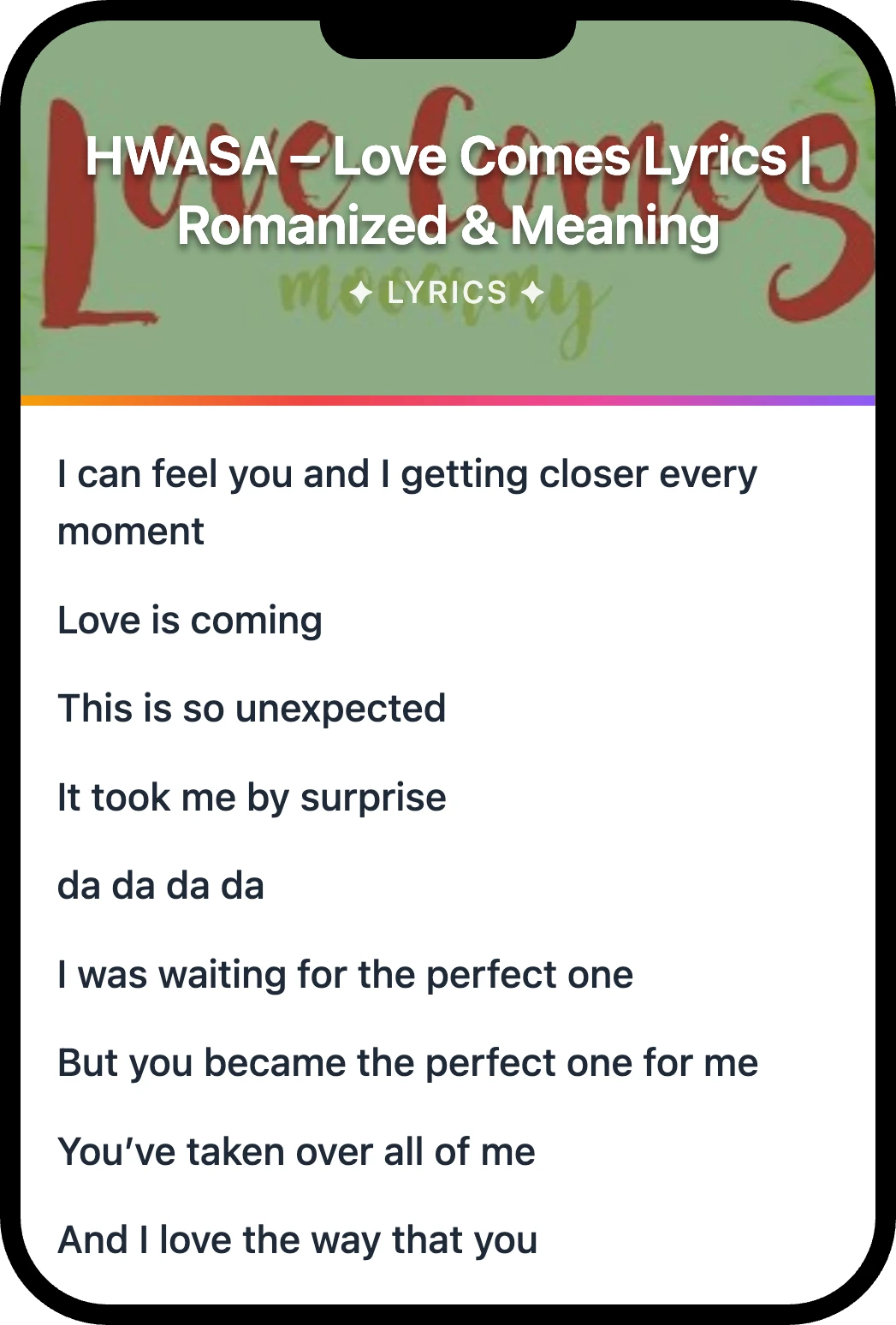 화사 (HWASA) Love Comes lyrics romanization and English meaning