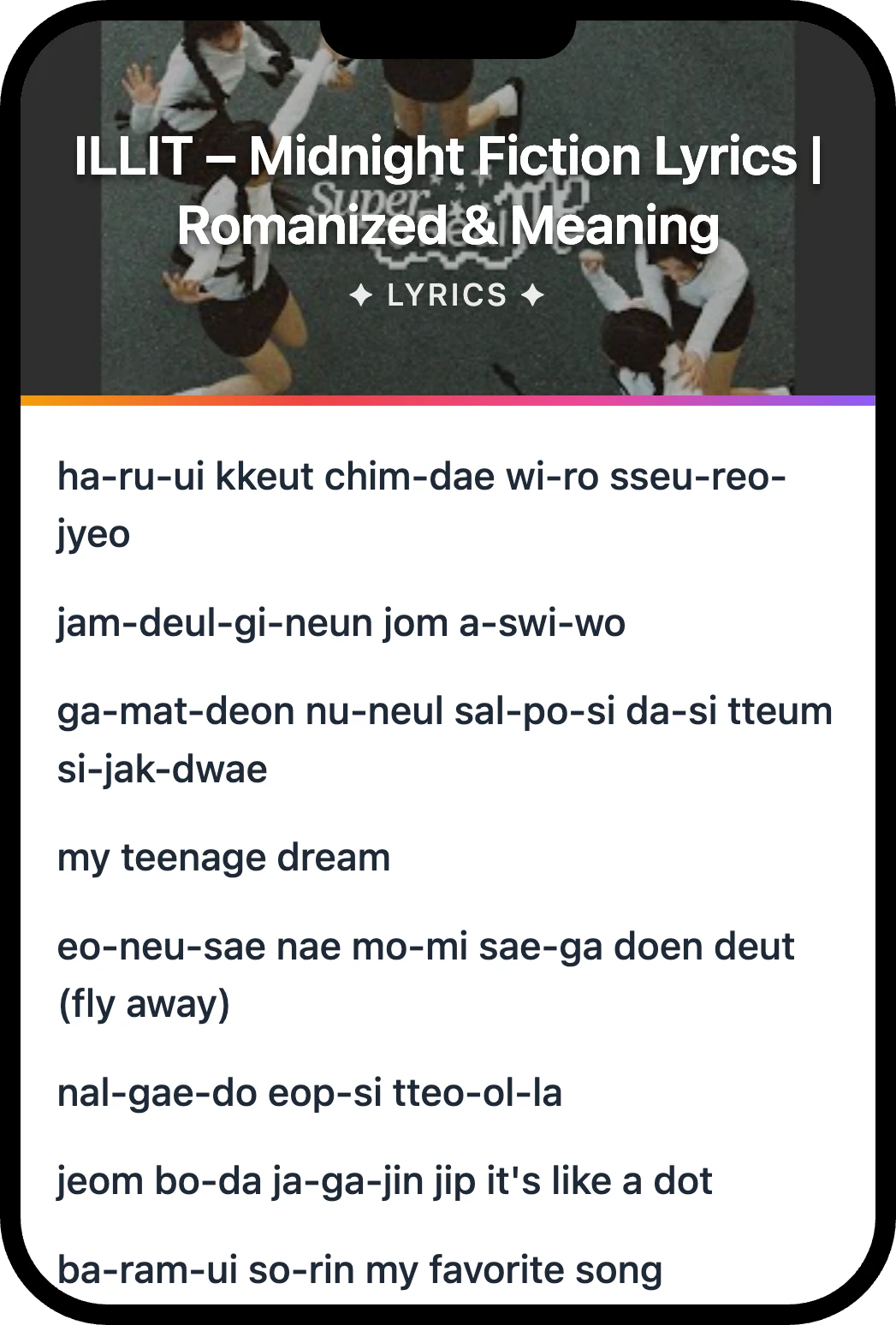 아일릿(ILLIT) Midnight Fiction lyrics romanization and English meaning