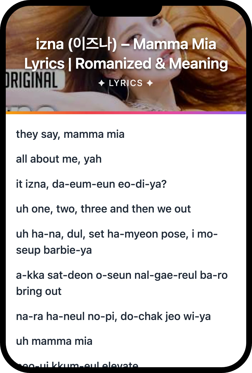 izna (이즈나) Mamma Mia lyrics romanization and English meaning
