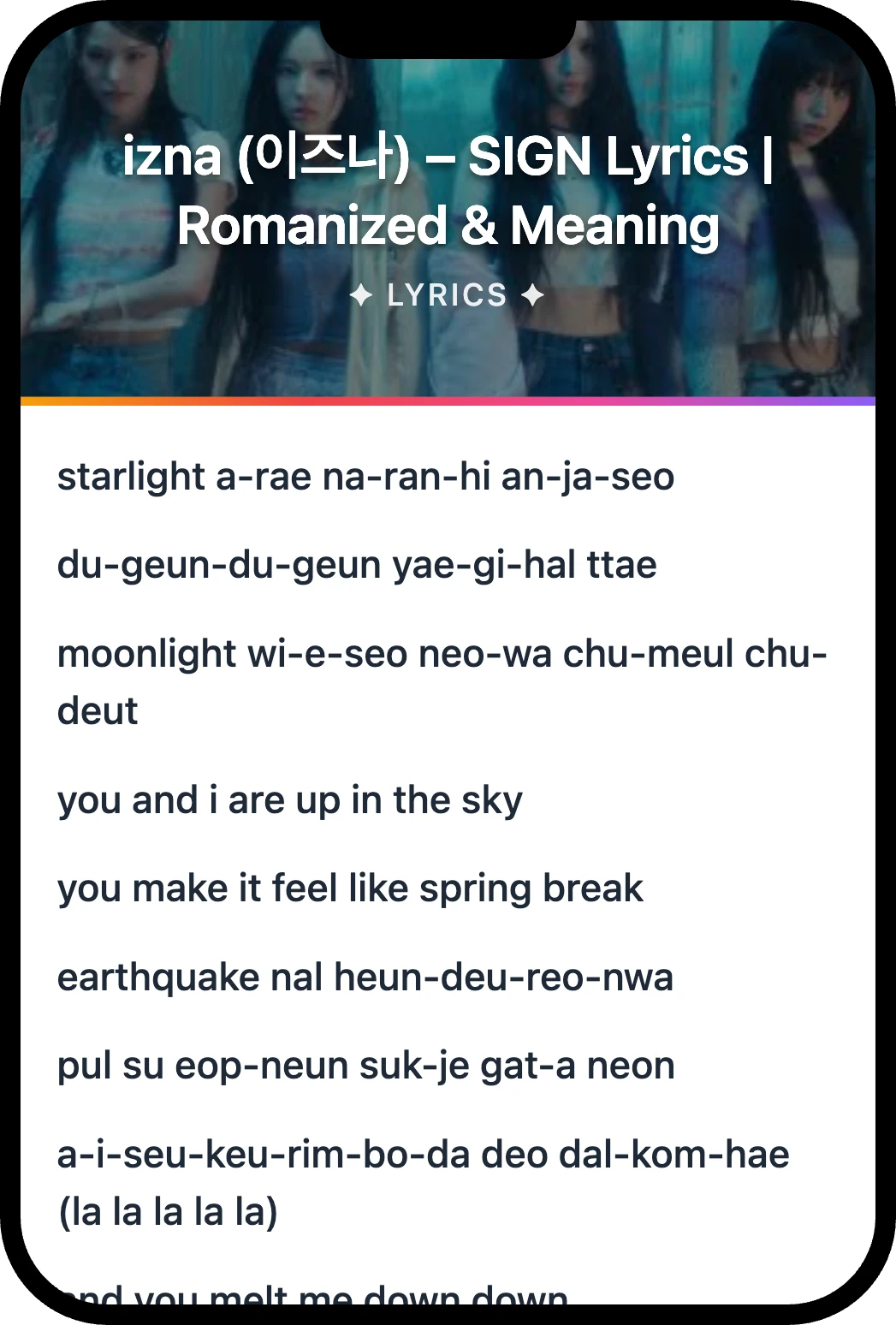 izna (이즈나) SIGN lyrics romanization and English meaning