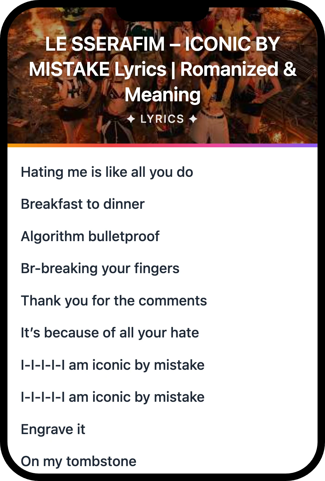 LE SSERAFIM ICONIC BY MISTAKE lyrics romanization and English meaning