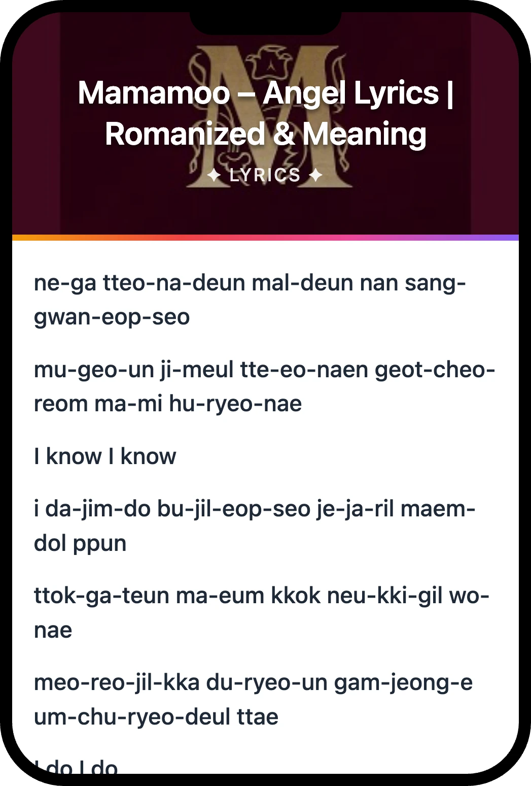 Mamamoo Angel lyrics romanization and English meaning