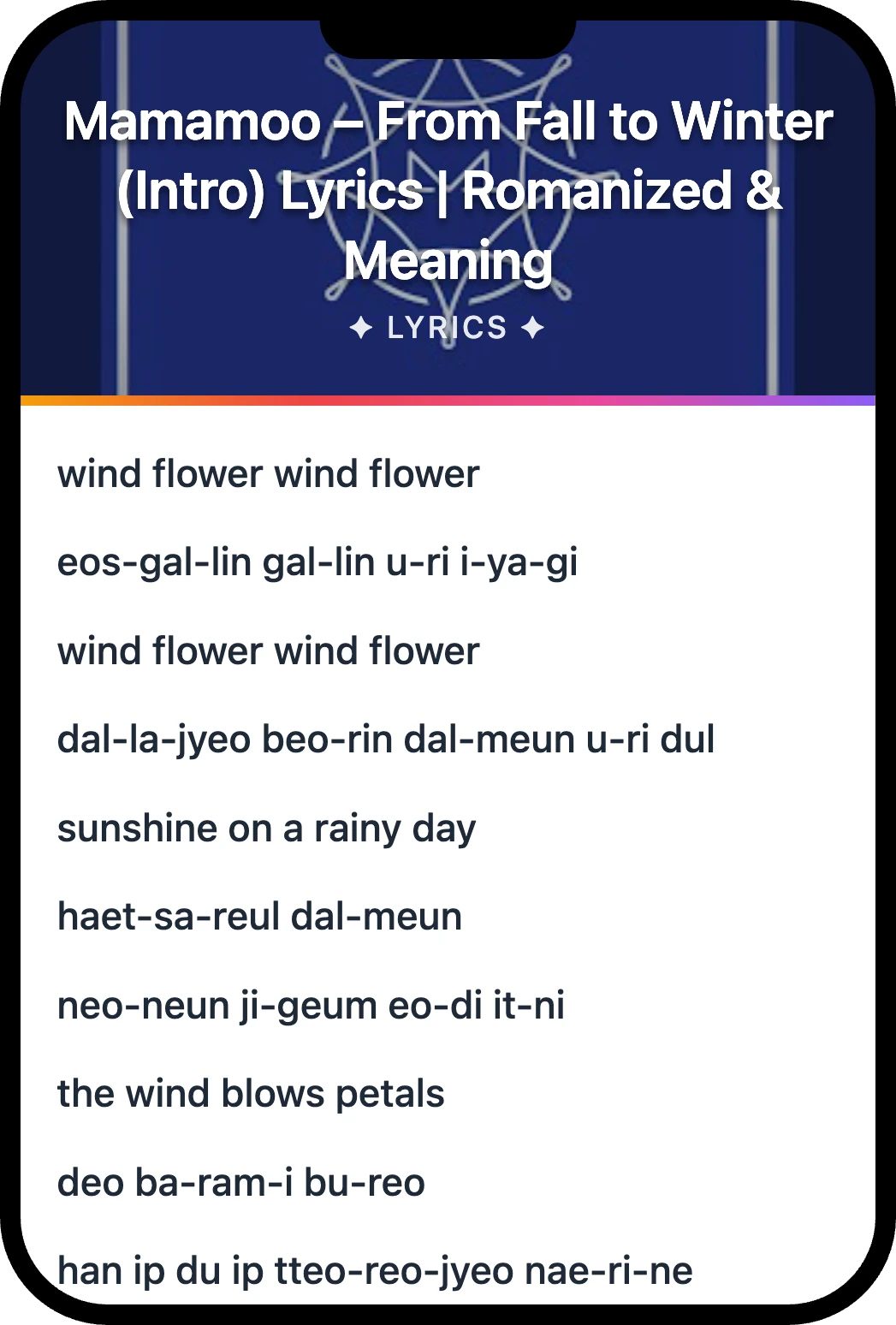 Mamamoo From Fall to Winter lyrics romanization and English meaning