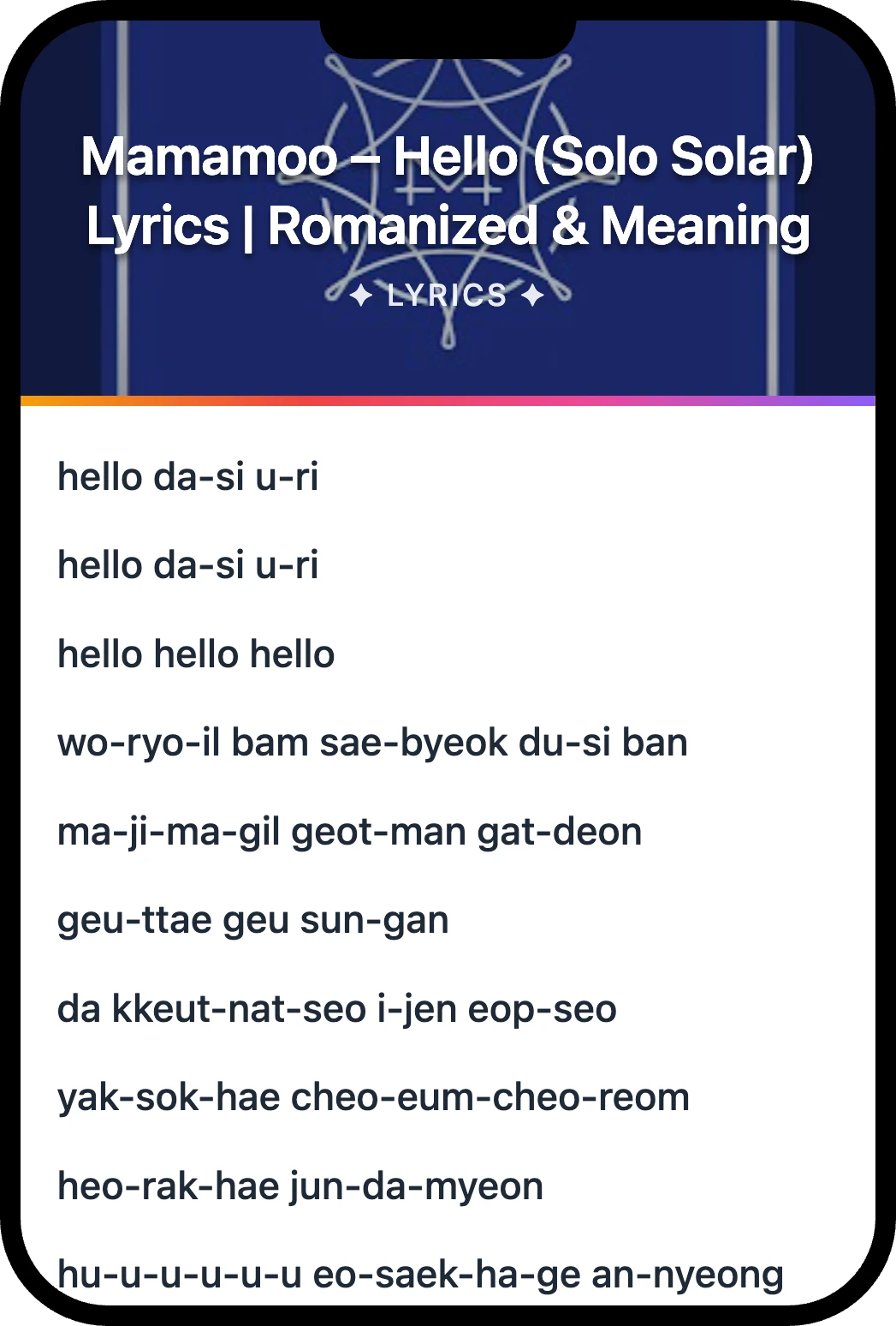 Mamamoo Hello lyrics romanization and English meaning