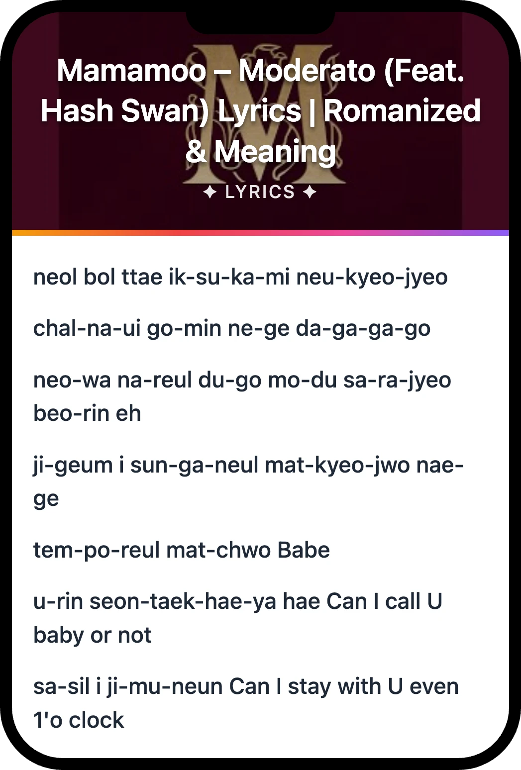 Mamamoo Moderato lyrics romanization and English meaning