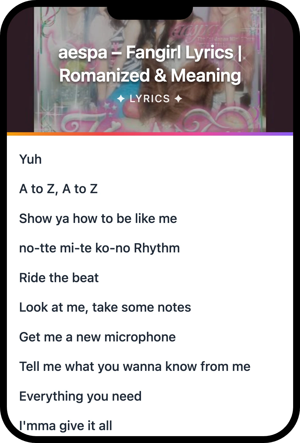 aespa Fangirl lyrics romanization and English meaning