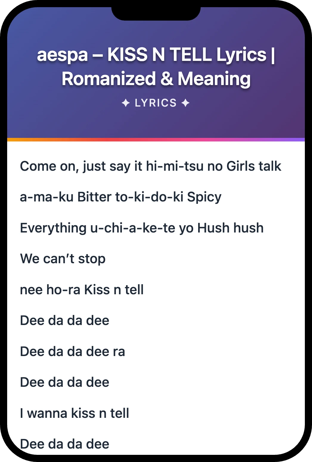 aespa KISS N TELL lyrics romanization and English meaning