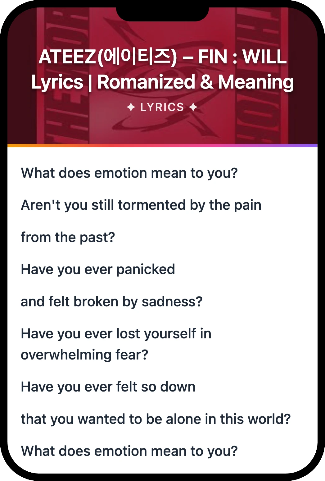 ATEEZ(에이티즈) FIN : WILL lyrics romanization and English meaning