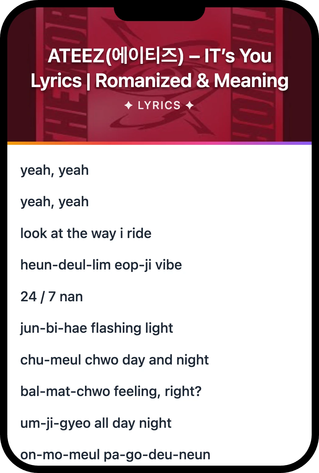 ATEEZ(에이티즈) IT′s You lyrics romanization and English meaning