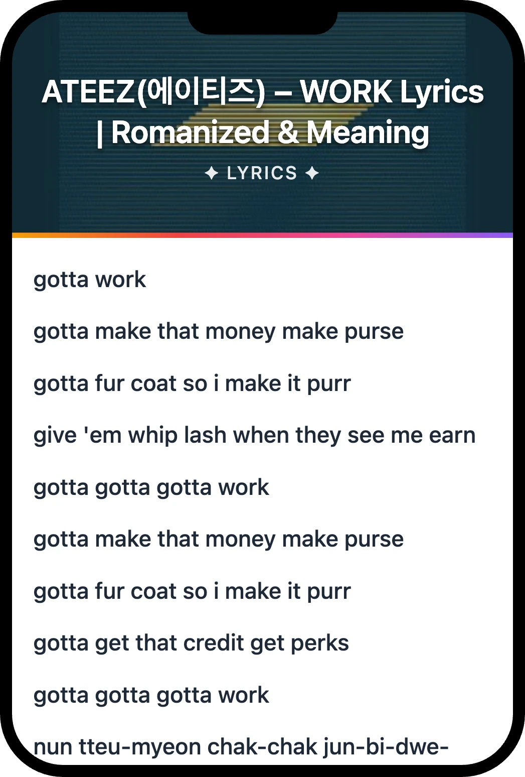 ATEEZ(에이티즈) WORK lyrics romanization and English meaning