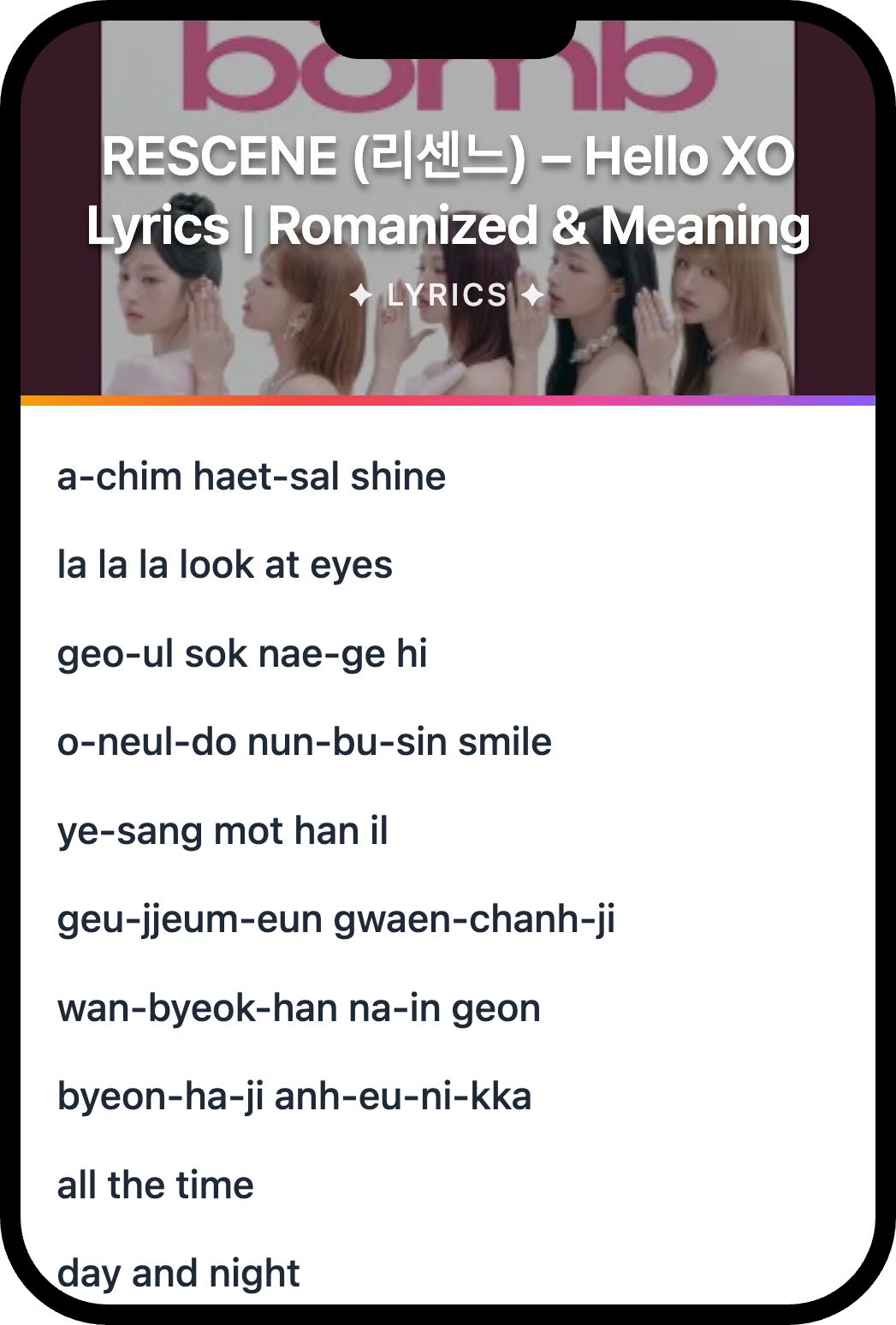 RESCENE (리센느) Hello XO lyrics romanization and English meaning