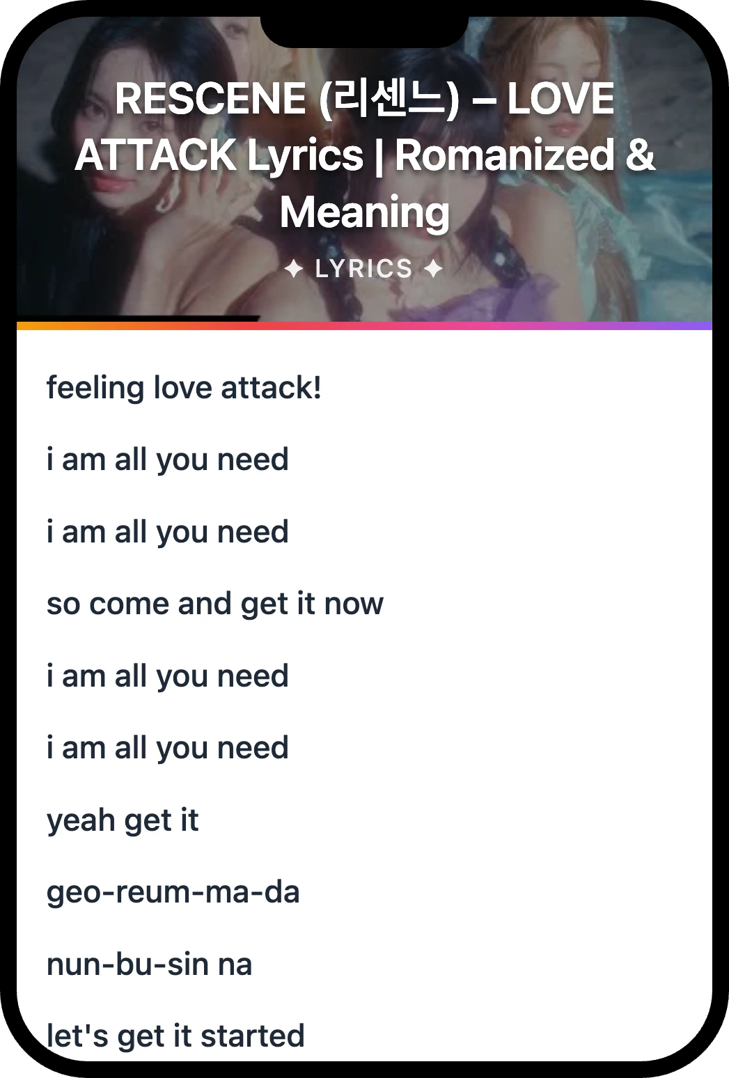 RESCENE (리센느) LOVE ATTACK lyrics romanization and English meaning