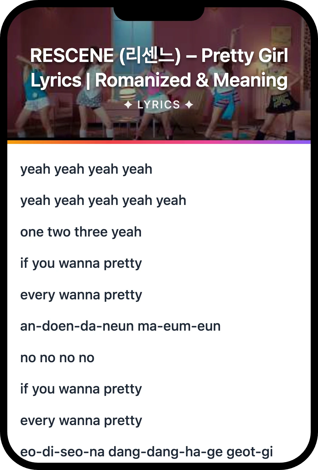 RESCENE (리센느) Pretty Girl lyrics romanization and English meaning