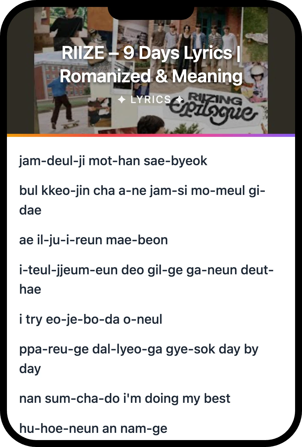 RIIZE 9 Days lyrics romanization and English meaning