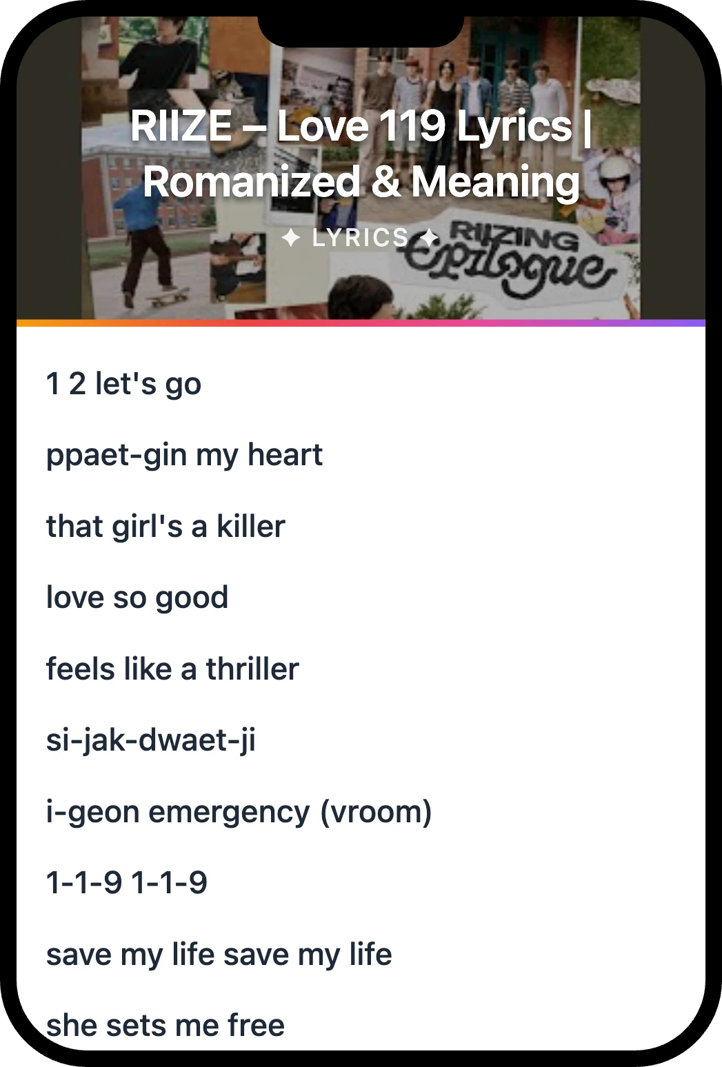 RIIZE Love 119 lyrics romanization and English meaning