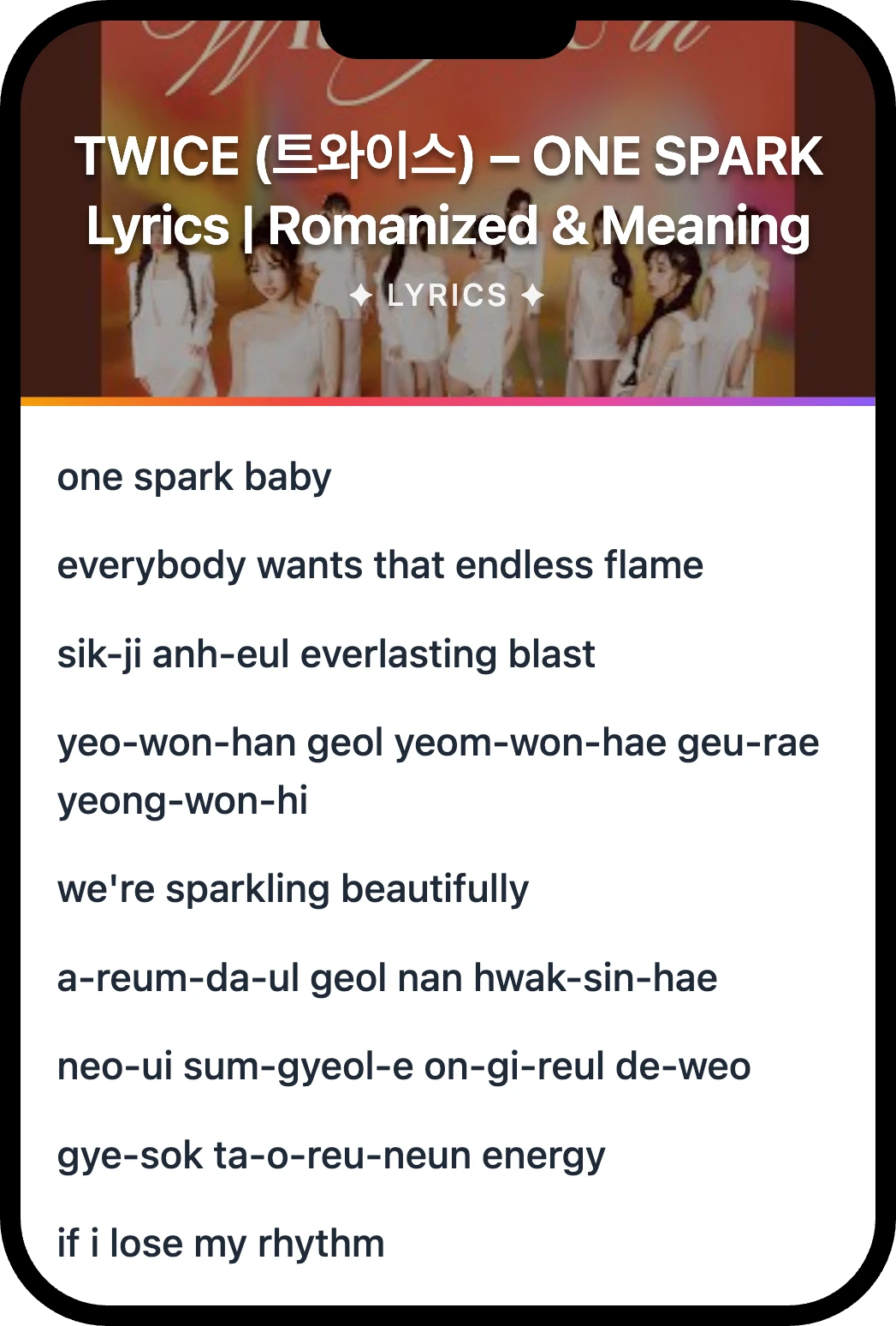 TWICE (트와이스) ONE SPARK lyrics romanization and English meaning