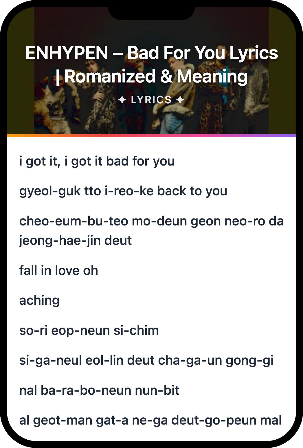 ENHYPEN Bad For You lyrics romanization and English meaning