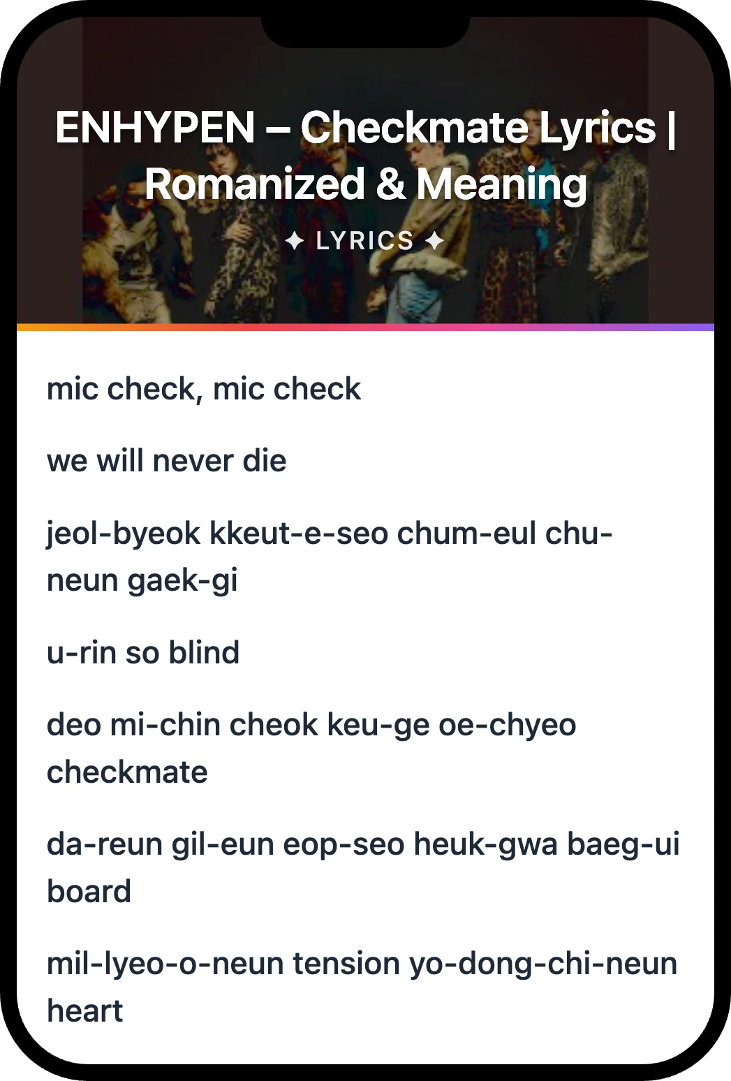 ENHYPEN Checkmate lyrics romanization and English meaning