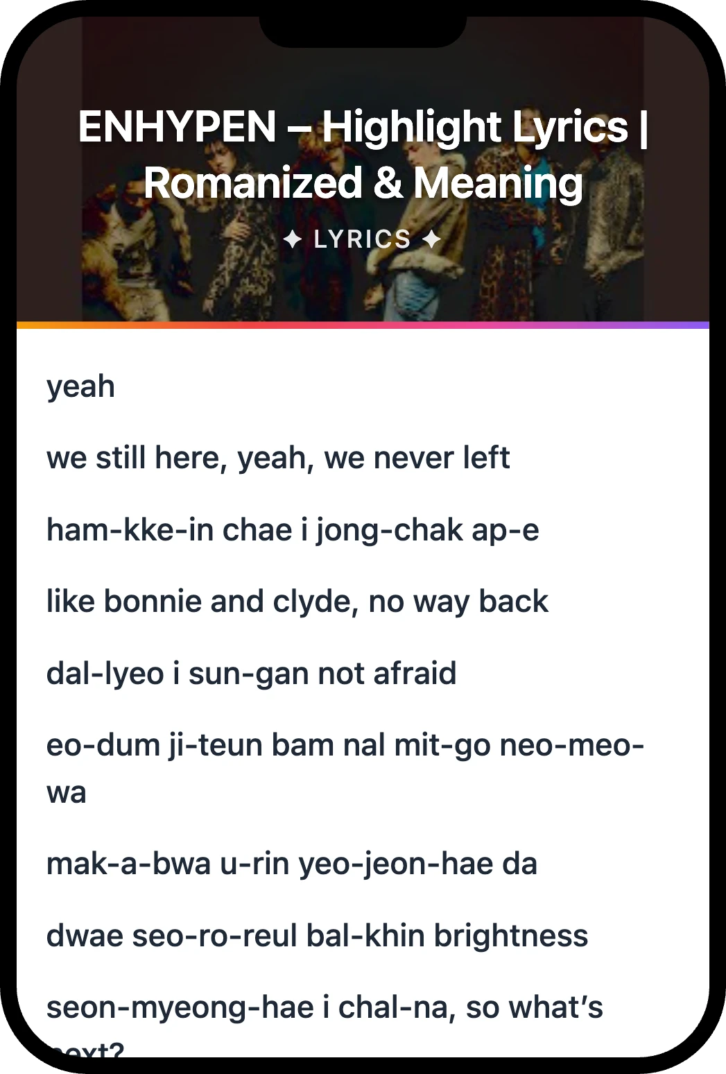 ENHYPEN Highlight lyrics romanization and English meaning