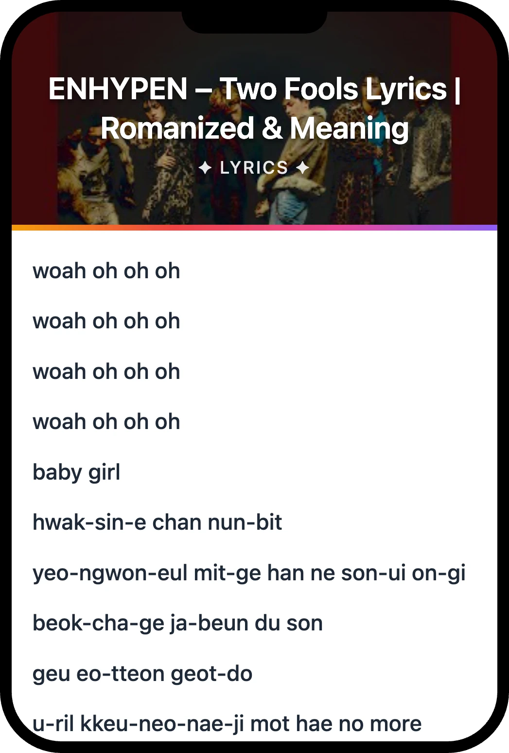 ENHYPEN Two Fools lyrics romanization and English meaning