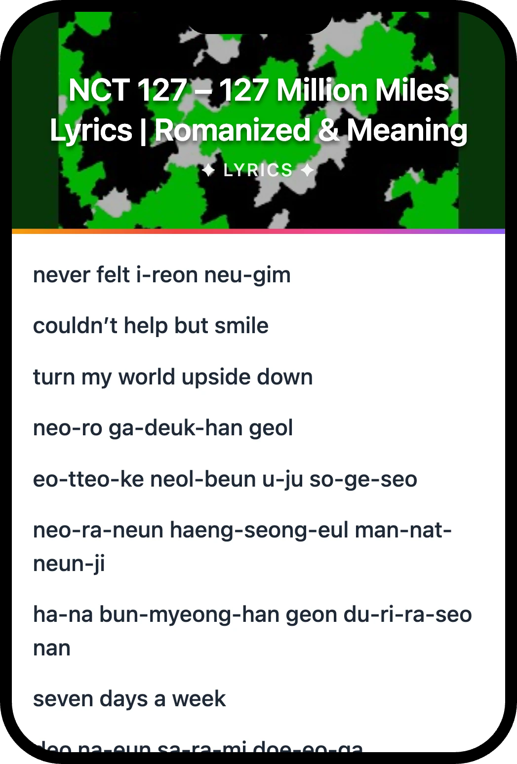 NCT 127 127 Million Miles lyrics romanization and English meaning