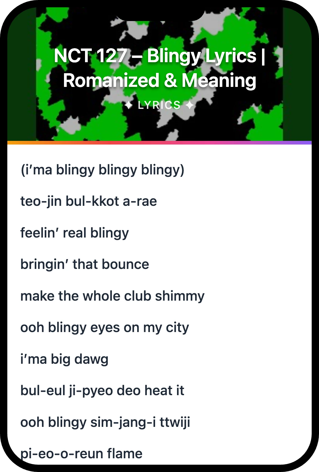 NCT 127 Blingy lyrics romanization and English meaning