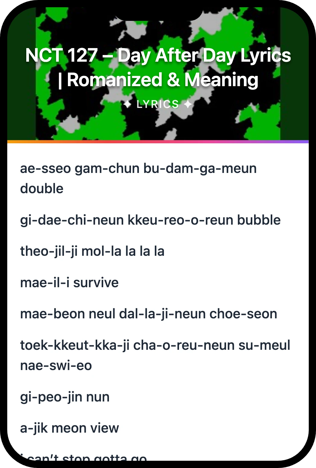 NCT 127 Day After Day lyrics romanization and English meaning