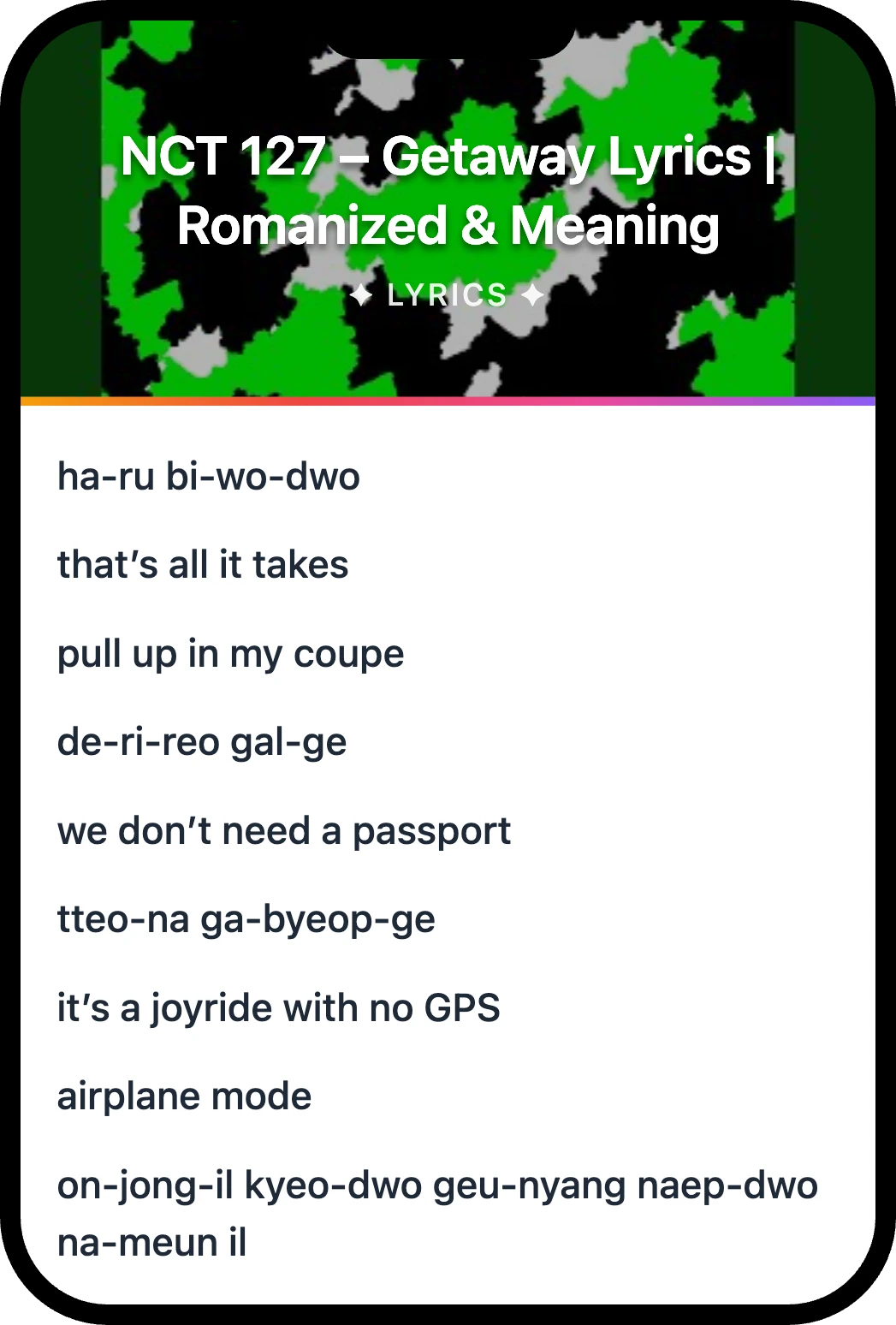 NCT 127 Getaway lyrics romanization and English meaning