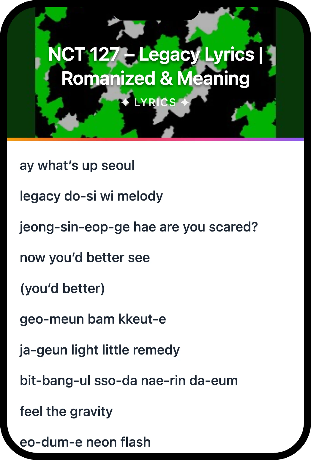 NCT 127 Legacy lyrics romanization and English meaning