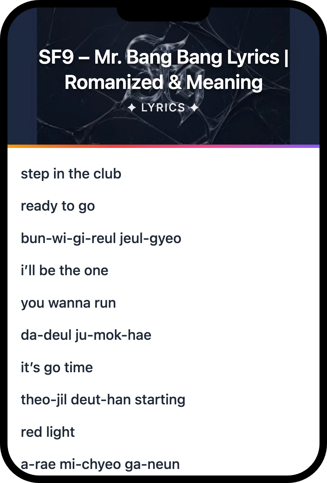 SF9 Mr. Bang Bang lyrics romanization and English meaning