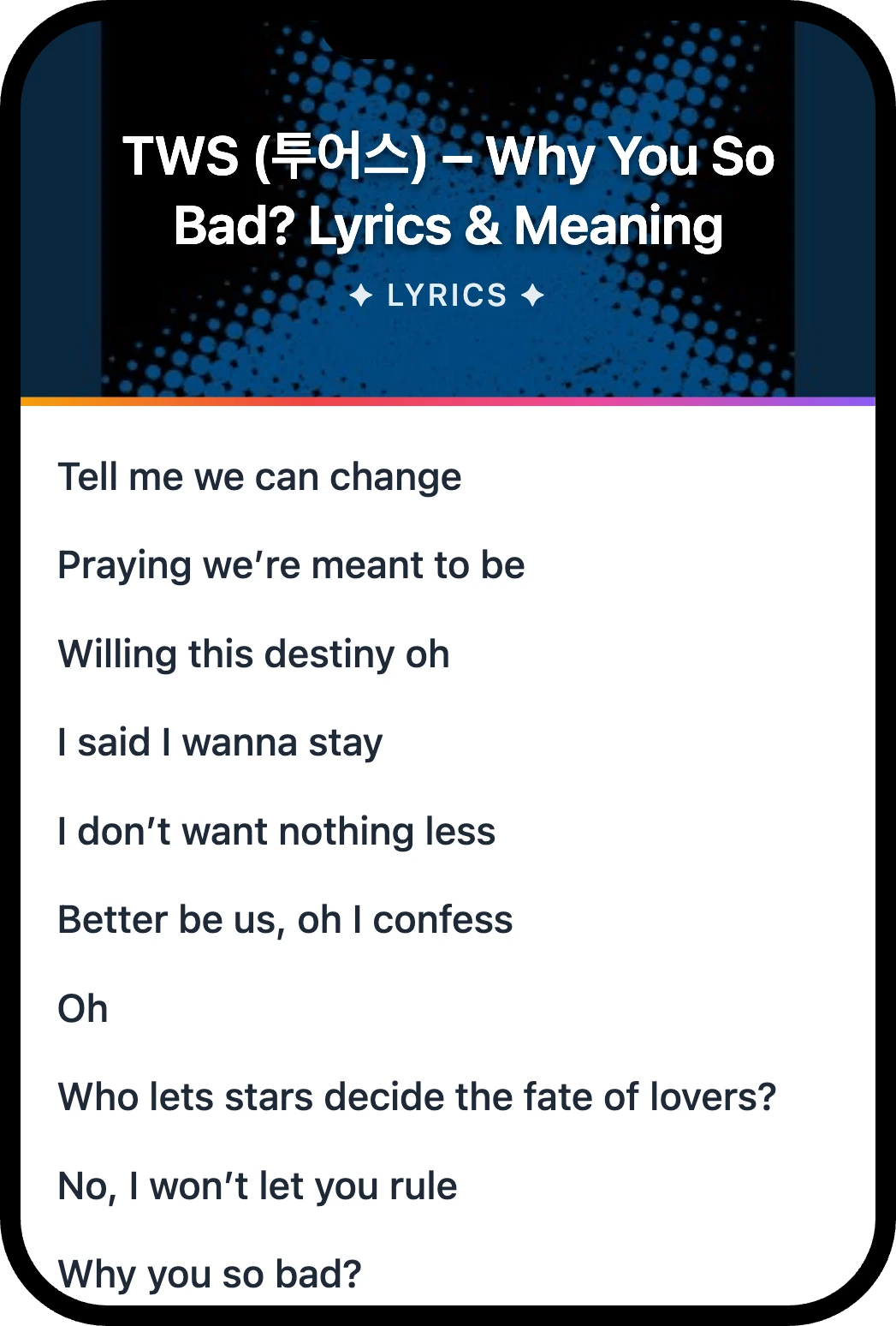 TWS (투어스) Why You So Bad? lyrics romanization and English meaning